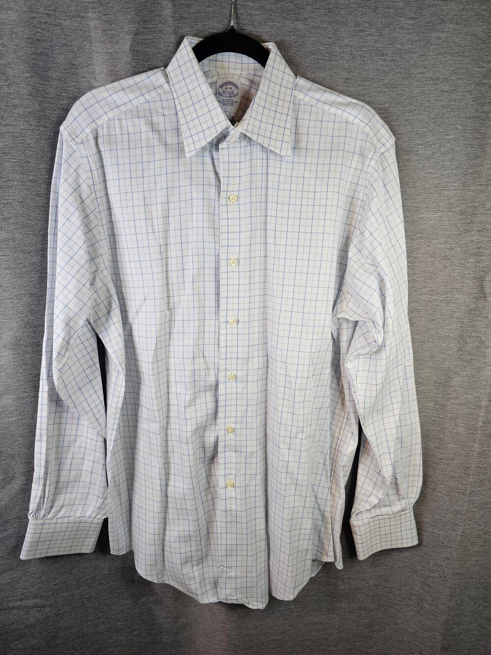 Brooks Brothers Mens 16-35 Regular Fit Non Iron Dress Shirt White Blue Plaid